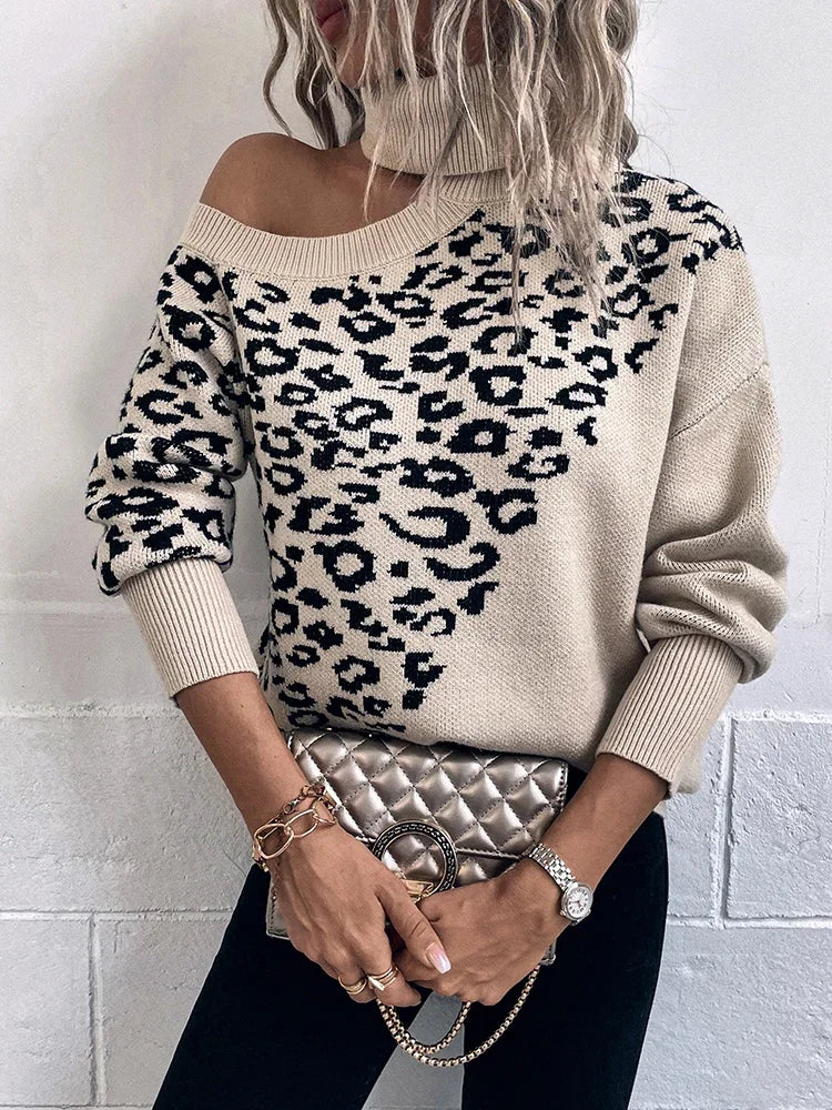 Chloe - Luipaard off-shoulder trui met een relaxte pasvorm