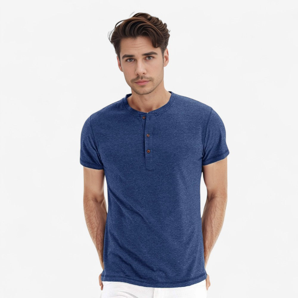 Stefan - Henley Kraag Slim Fit T Shirt met Korte Mouwen
