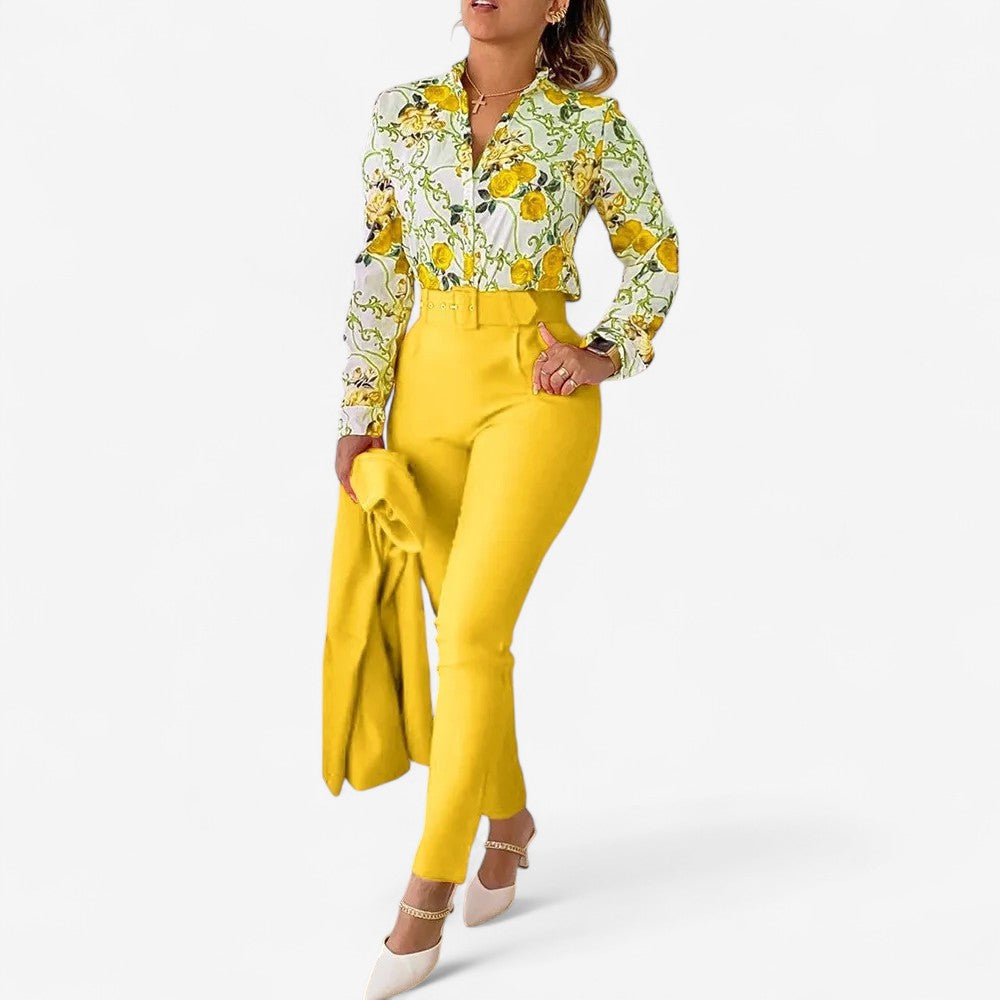 Lieke - Tweedelige Set met Bloemenblouse en Hoge Taillebroek