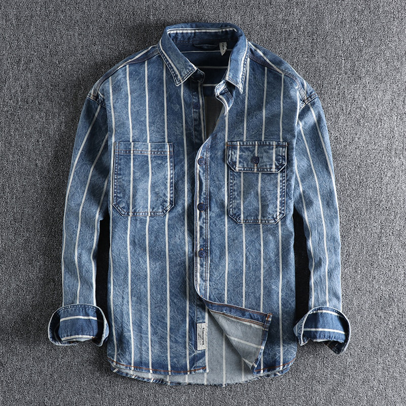 Archer - Gestreept denim overhemd met knoopsluiting en borstzakken