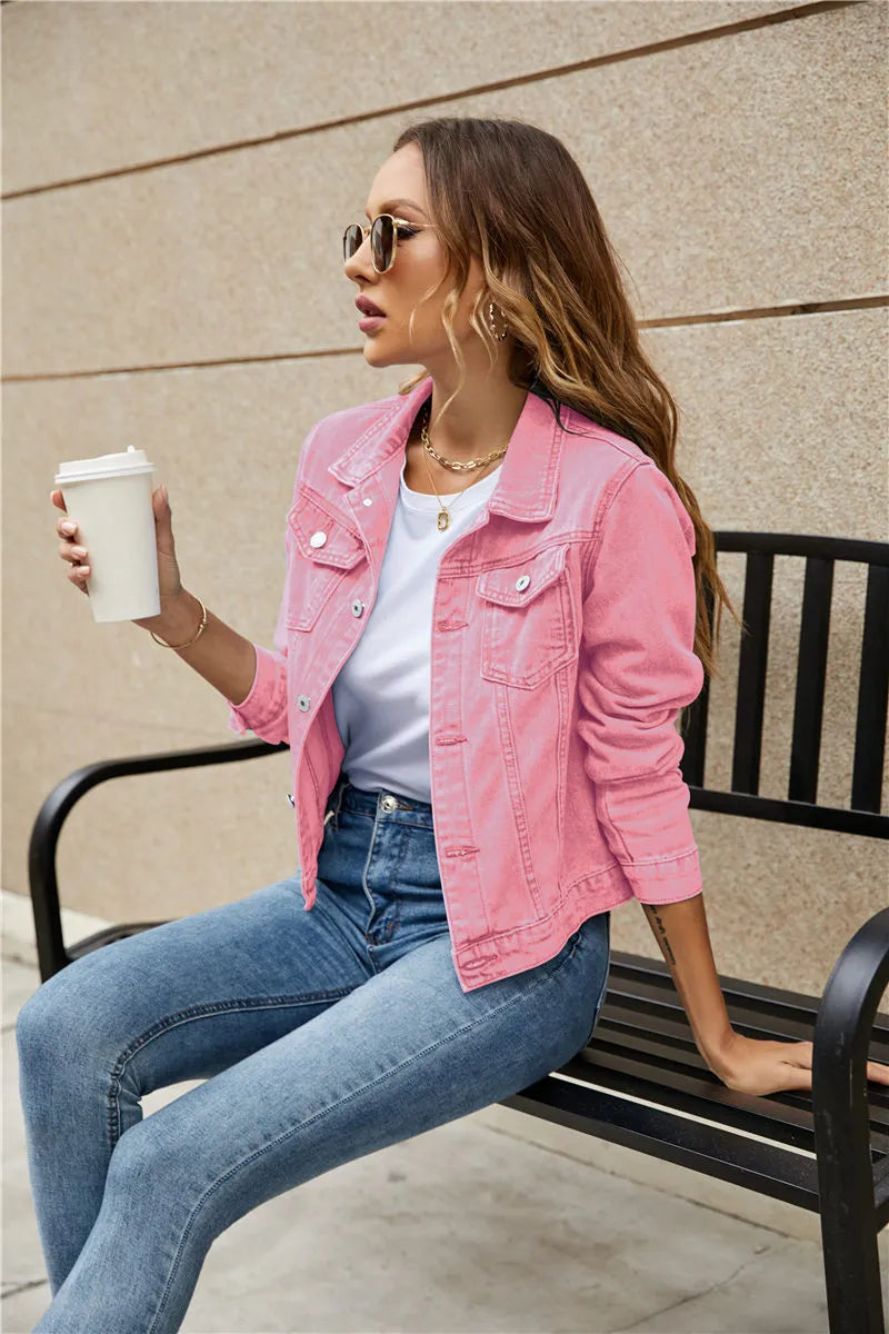 Alina - Korte denim jas met lange mouwen en knopen