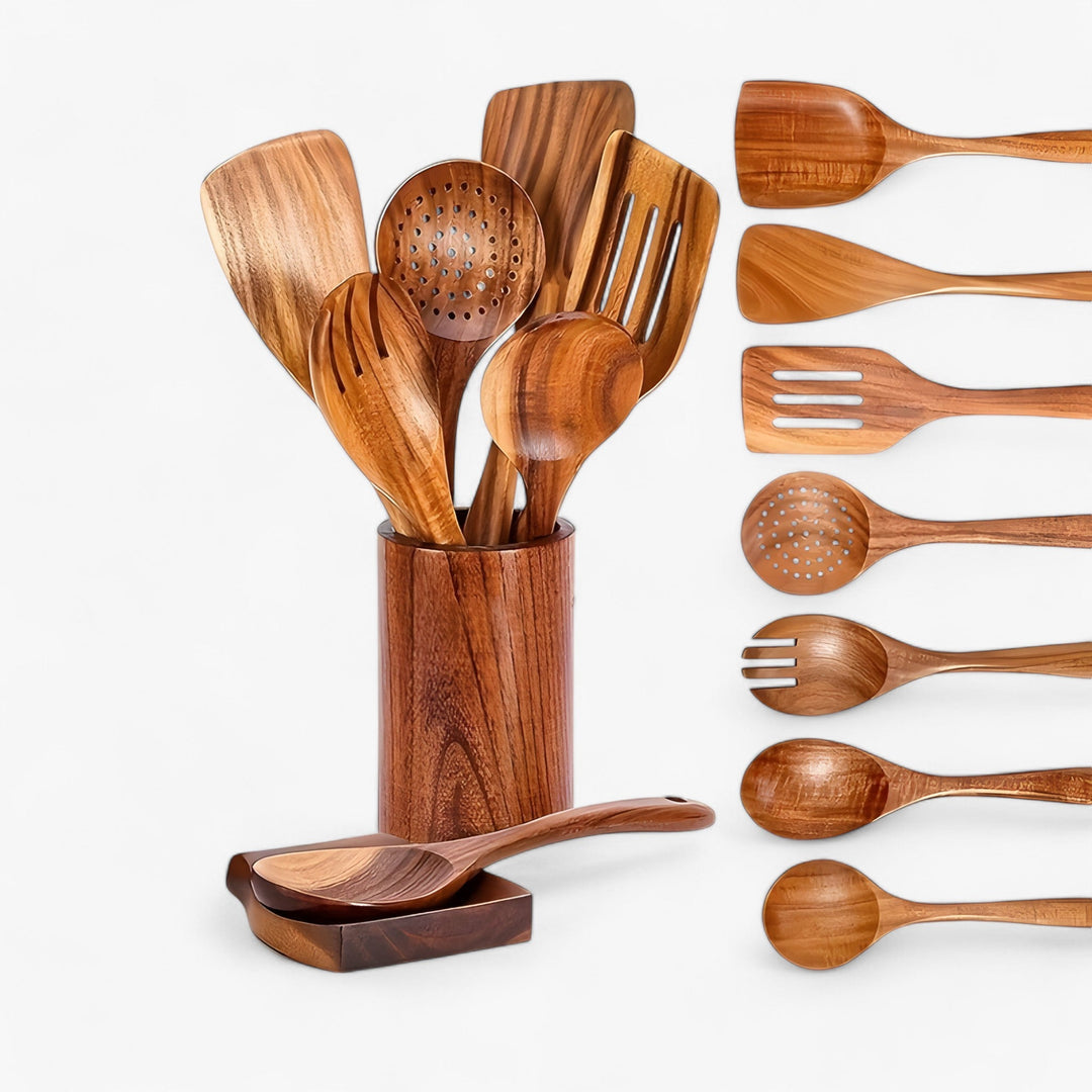 WoodenServe - Houten 9-delige hittebestendige kookset