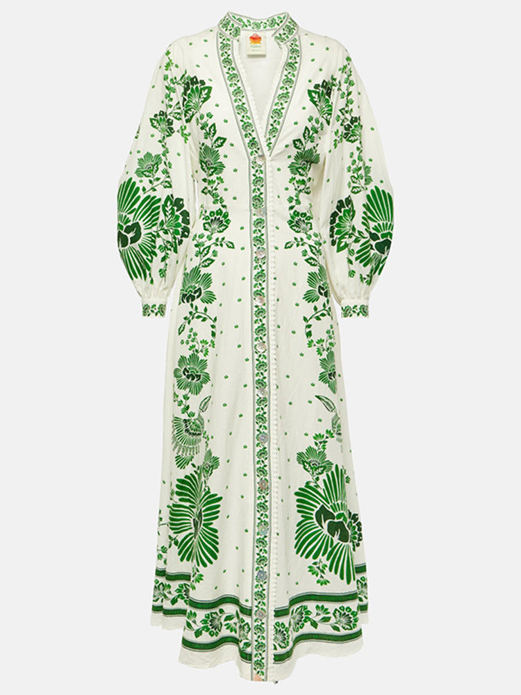 Mariah – Trendy V-hals maxi-jurk met lange mouwen en tailleband