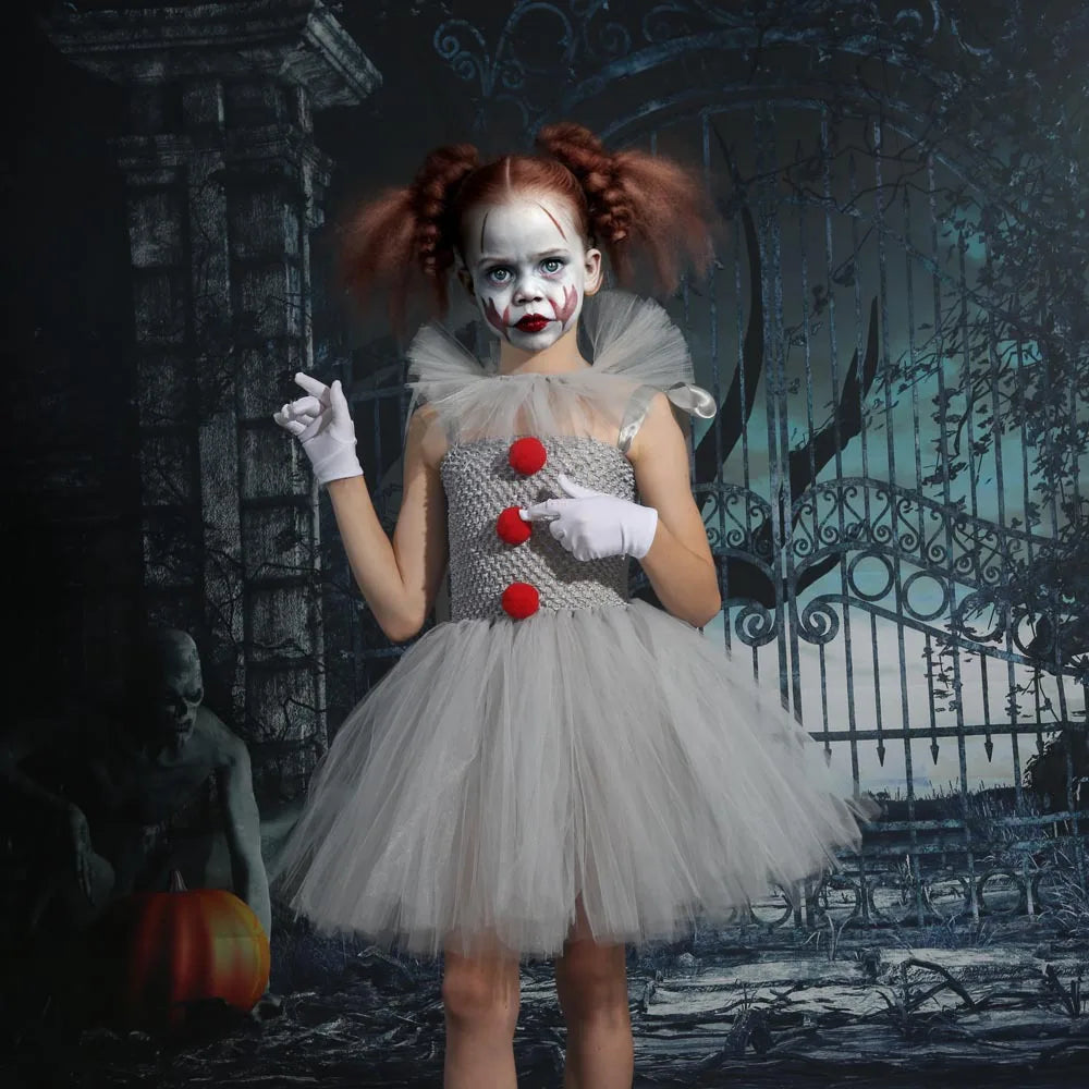 Charlotte – Clown-geïnspireerde Tutu Jurk met Rode Pompons en Tulle Rok voor Halloween of Verkleedpartijen
