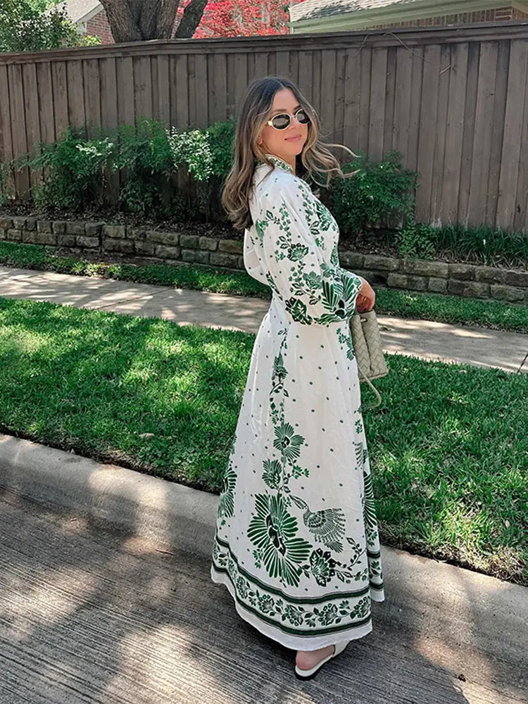 Mariah – Trendy V-hals maxi-jurk met lange mouwen en tailleband