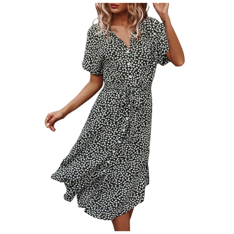 Lena - Boho Maxi Dress met knoopsluiting voor en V-hals