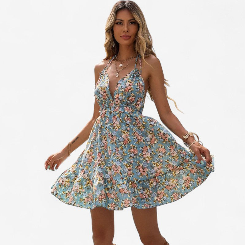 Natalie - Mouwloze Mini Jurk met V Halslijn en Bloemenprint