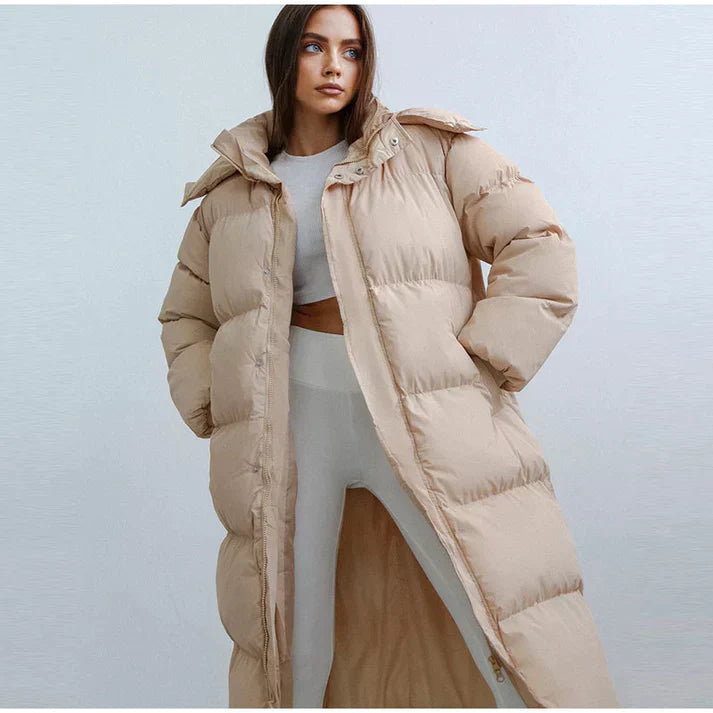 Loly - Elegante lange jas met ritszakken en capuchon
