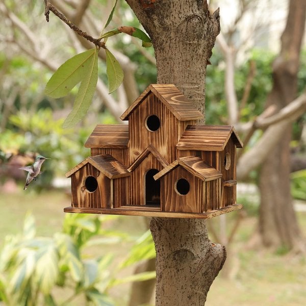 NestHaven - Handgemaakt vogelhuisje met 6 gaten en blokhutontwerp voor tuin en vogels