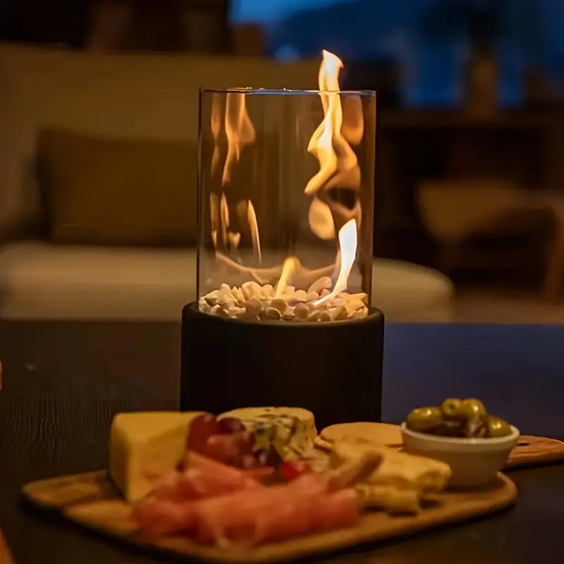 LumiFlame – Strakke, draagbare tafelhaard met glazen cilinder voor moderne warmte