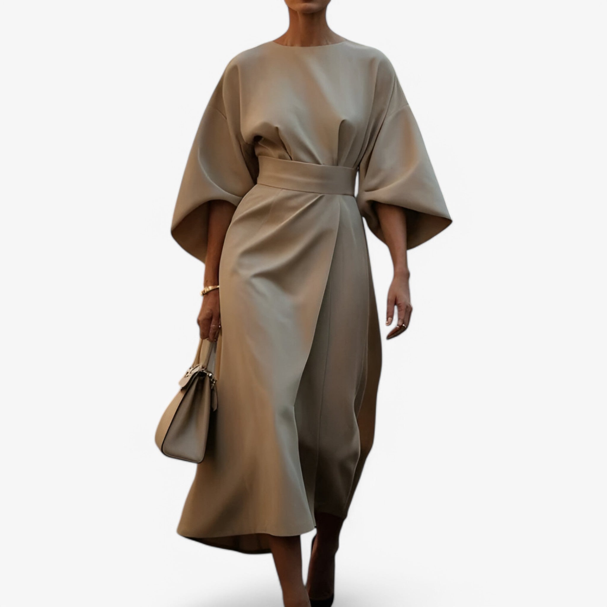 Jocelyn - Elegante jurk met hoge taille vleermuismouwen en asymmetrische snit