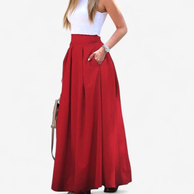 Bella – Geplooide Lange Rok met Hoge Taille en Zakken