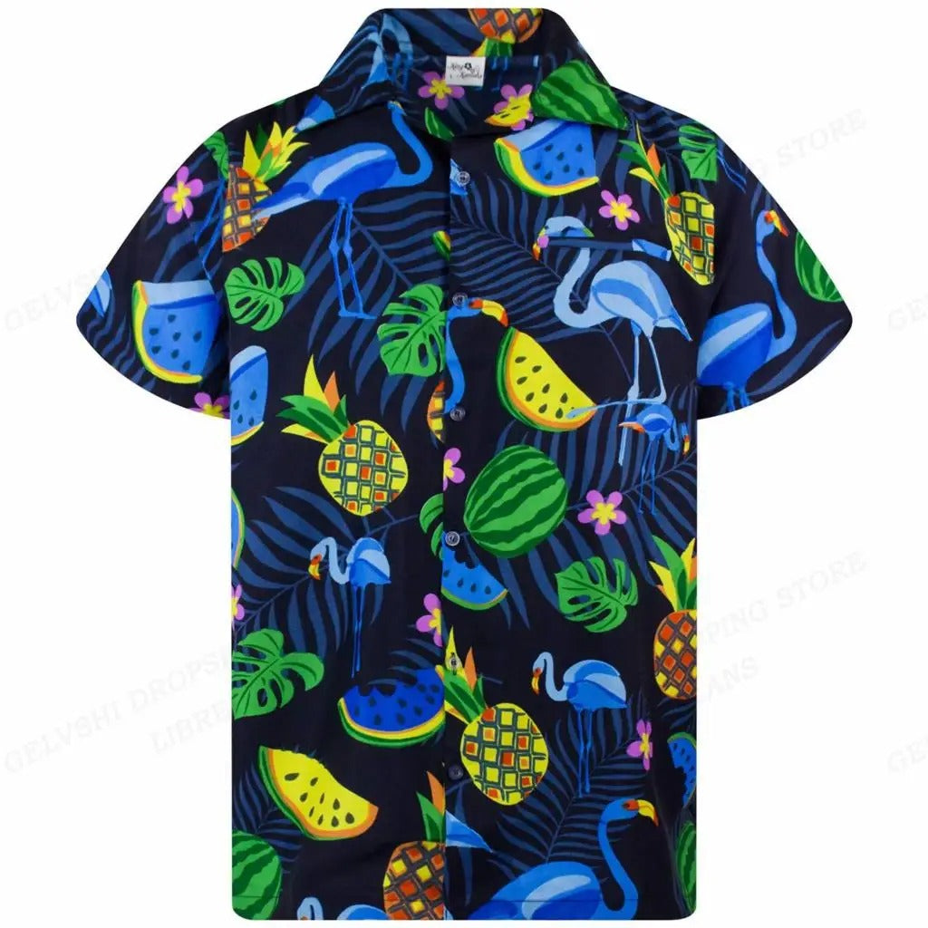 Marco - Overhemd met tropische flamingoprint en korte mouwen