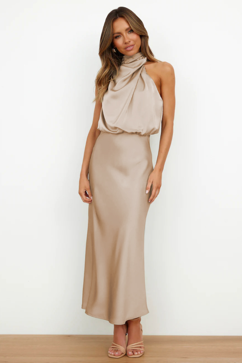 Claudia - Elegante Satijnen Midi Jurk met Asymmetrische Ruches Halslijn