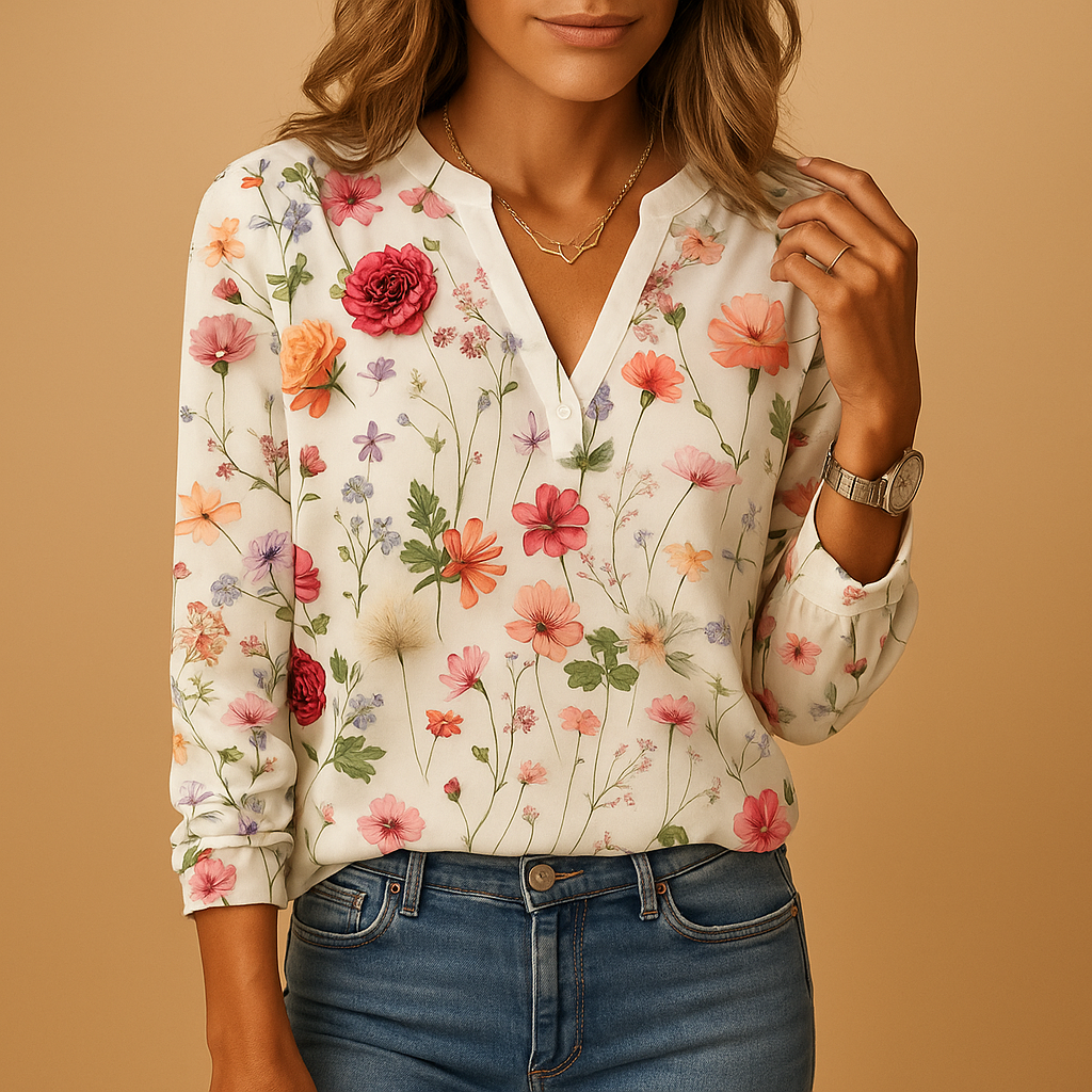 Keilani – Stijlvolle bloemenprint blouse met lange mouwen en V-hals