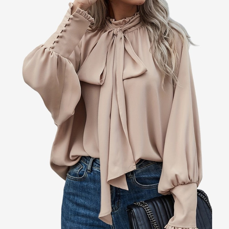 Natalie - Blouse met Strik aan de Hals en Pof Lange Mouwen