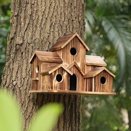 NestHaven - Handgemaakt vogelhuisje met 6 gaten en blokhutontwerp voor tuin en vogels