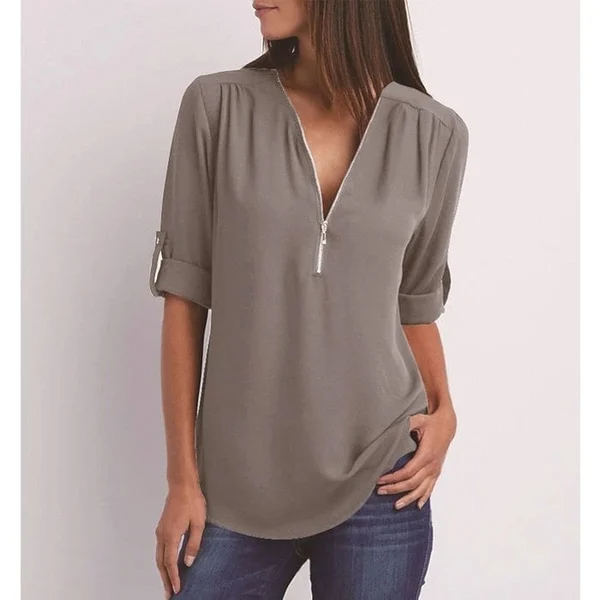 Siena – Losse blouse met ritssluiting aan de voorkant en diepe V-hals
