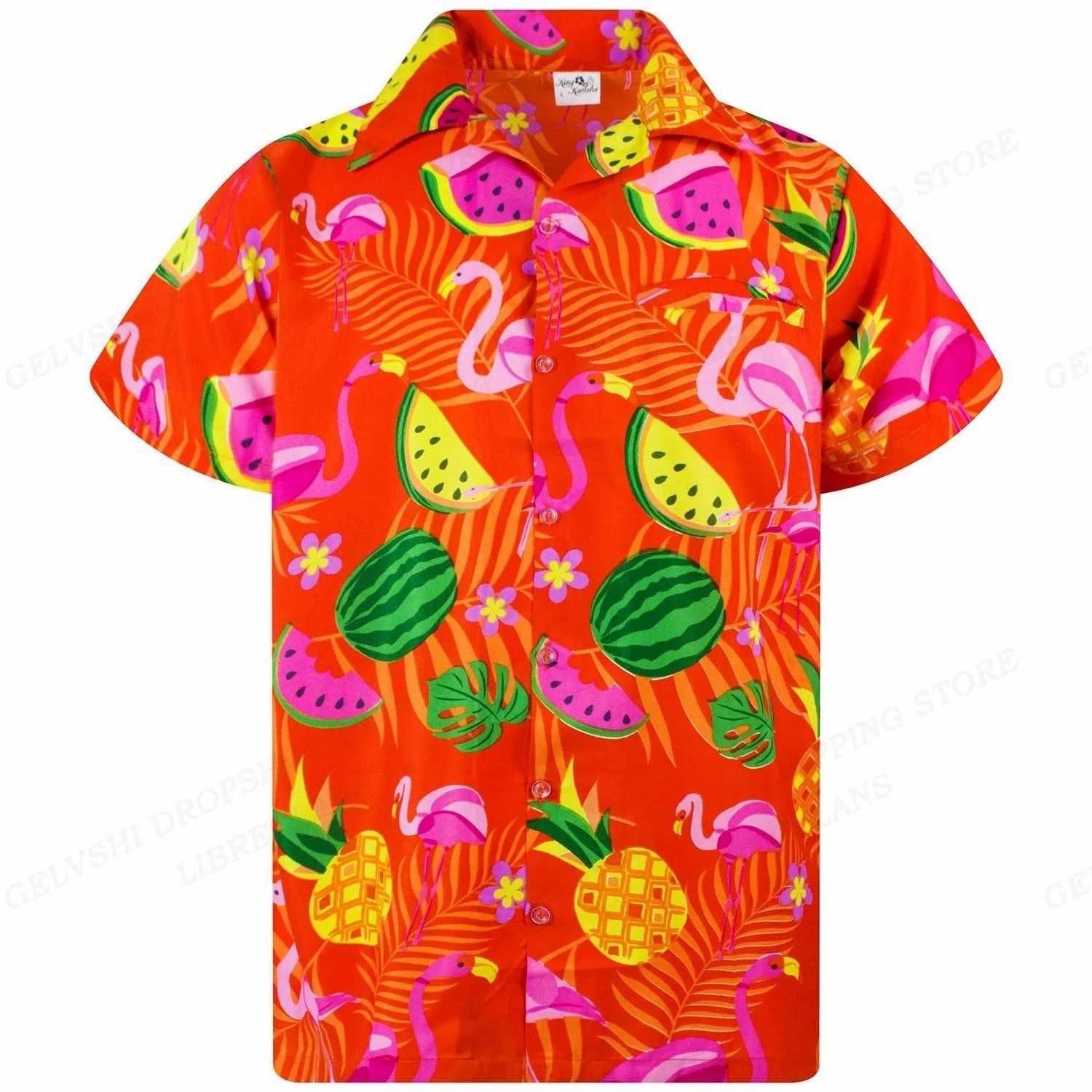 Marco - Overhemd met tropische flamingoprint en korte mouwen