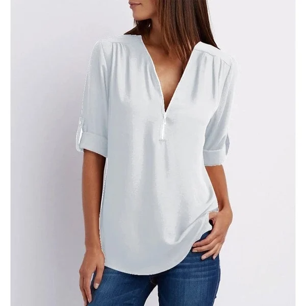 Siena – Losse blouse met ritssluiting aan de voorkant en diepe V-hals
