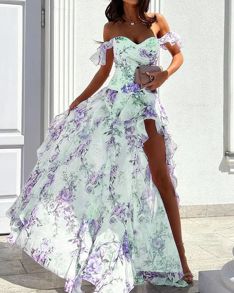 Julia - Off Shoulder Maxi-jurk met zijsplit en ruches