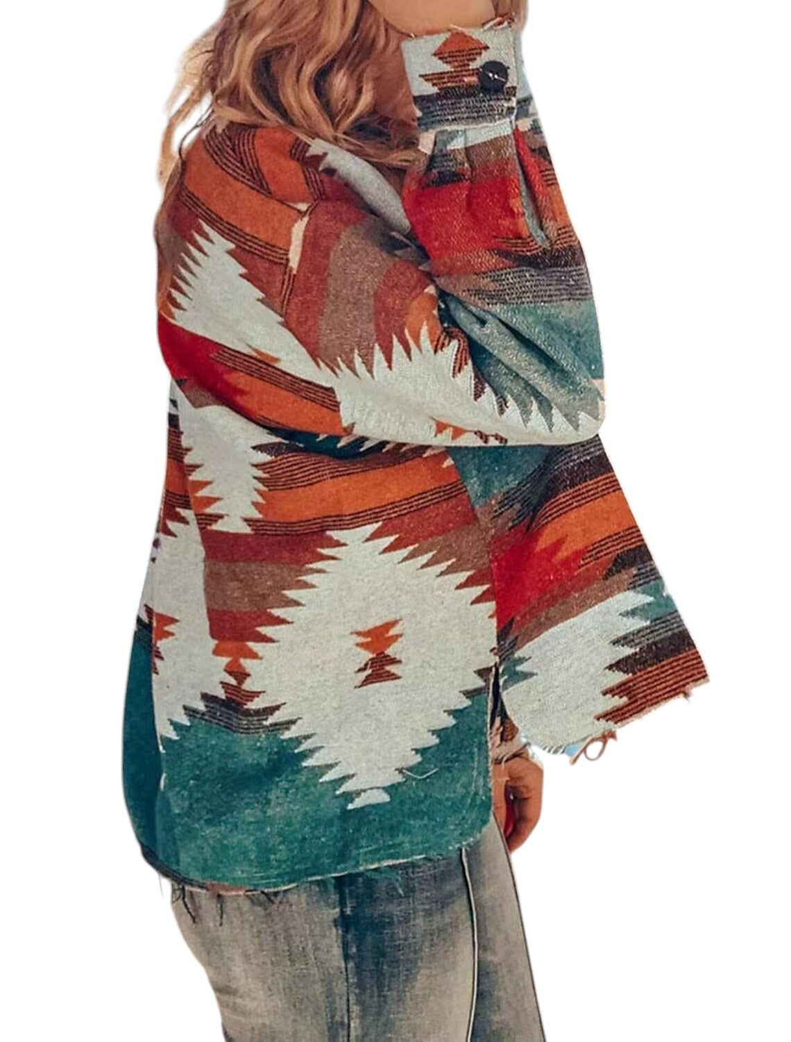 Rachel – Oversized jasje met knopen, geometrisch patroon en borstzakken