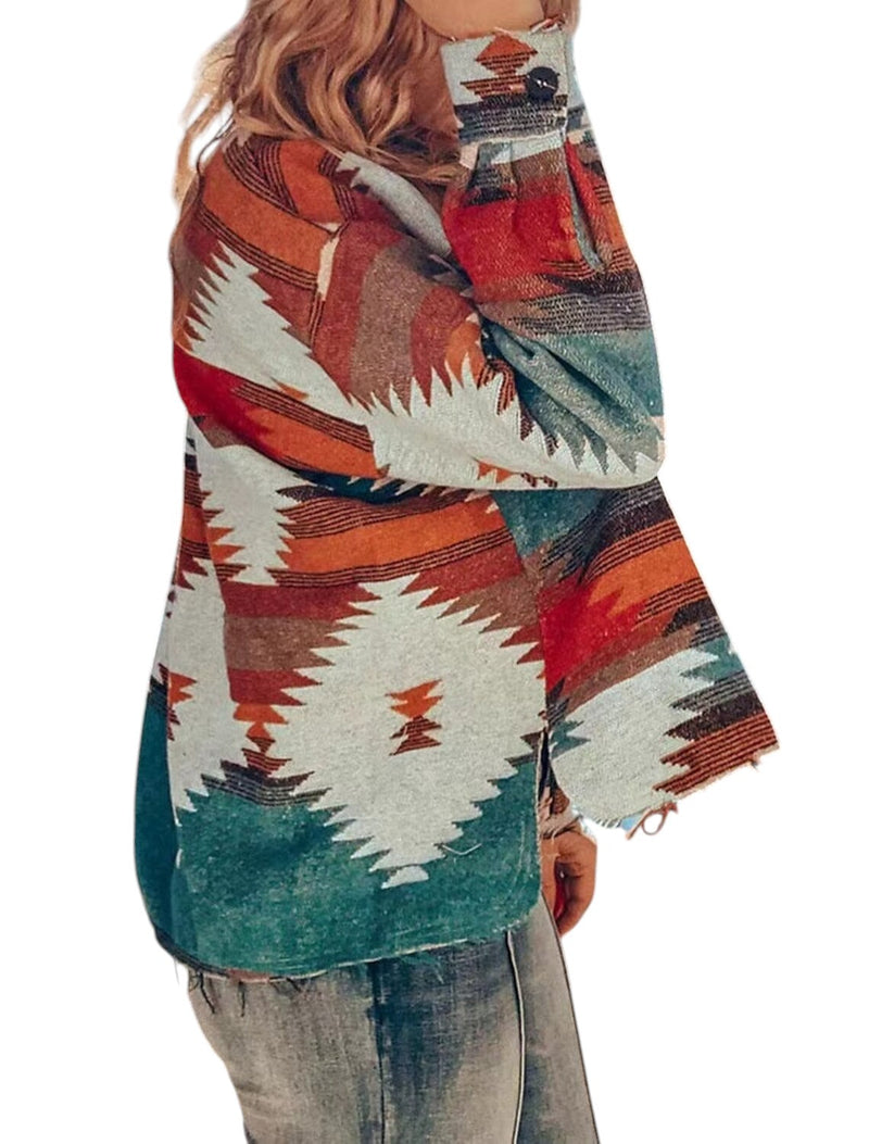 Rachel – Oversized jasje met knopen, geometrisch patroon en borstzakken