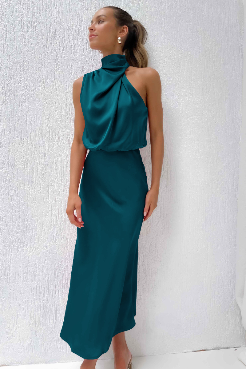 Claudia - Elegante Satijnen Midi Jurk met Asymmetrische Ruches Halslijn
