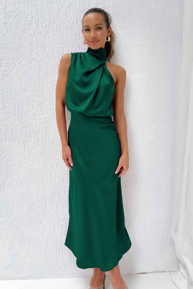 Claudia - Elegante Satijnen Midi Jurk met Asymmetrische Ruches Halslijn