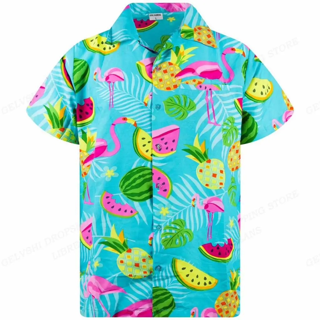 Marco - Overhemd met tropische flamingoprint en korte mouwen