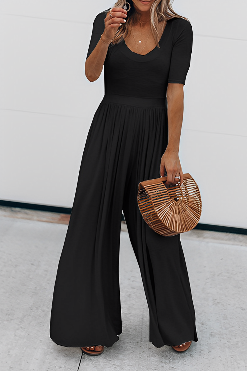 Senem - Elegante Wijd uitgesneden jumpsuit met geplooid lijfje en vloeiend ontwerp