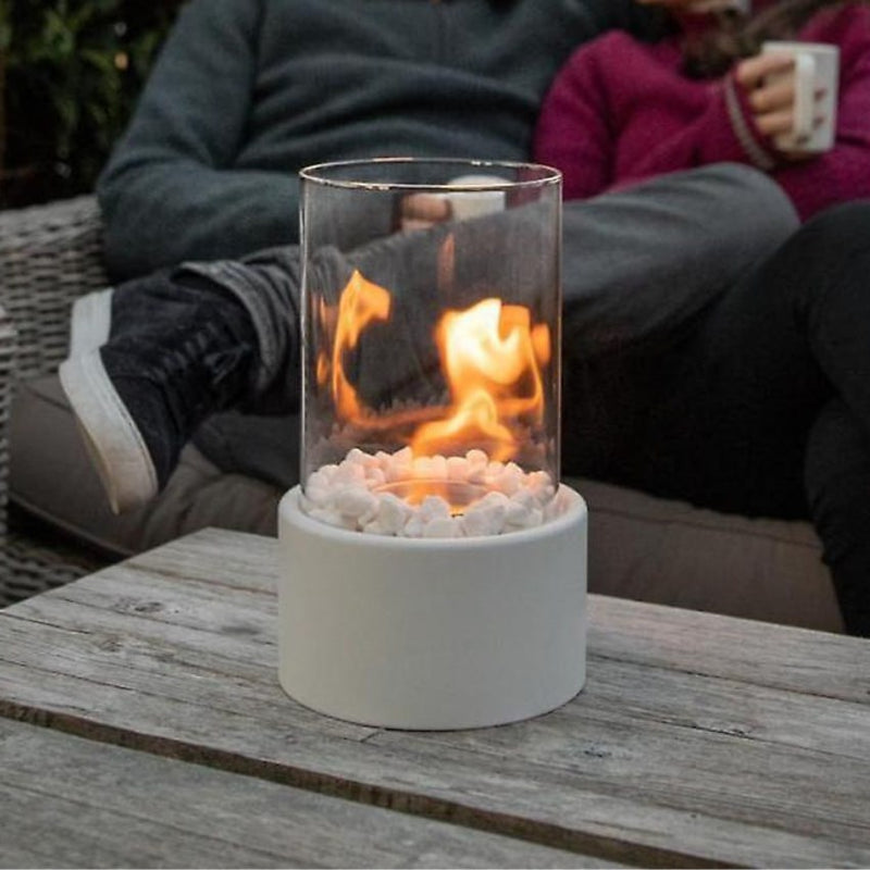 FlameAura - Elegante cilindervormige bio-ethanol haard met modern glas- en steenontwerp
