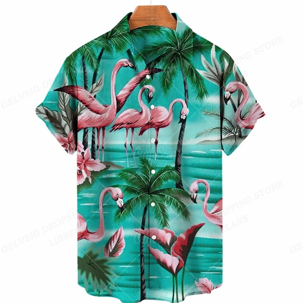 Marco - Overhemd met tropische flamingoprint en korte mouwen