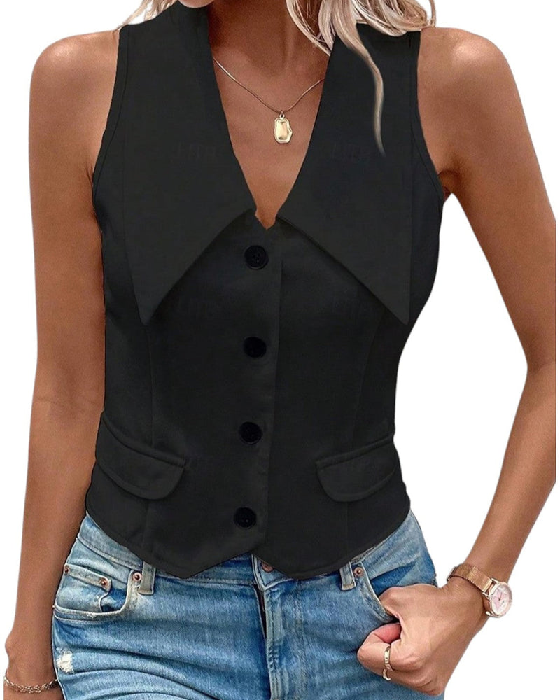 Lina – Chic Mouwloos V-hals Top met Knoopsluiting en Zakken