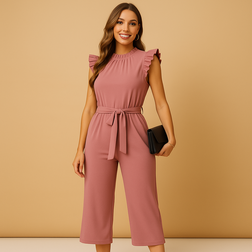 Nolira – Klassieke jumpsuit met tailleband en hoge halslijn