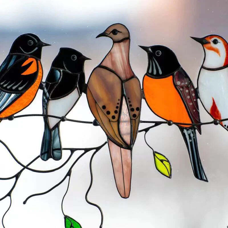 SpringBirds - Kleurrijke glas-in-lood vogelzonnevanger voor thuisdecoratie
