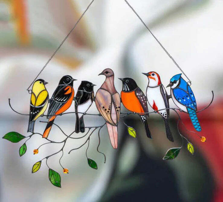 SpringBirds - Kleurrijke glas-in-lood vogelzonnevanger voor thuisdecoratie