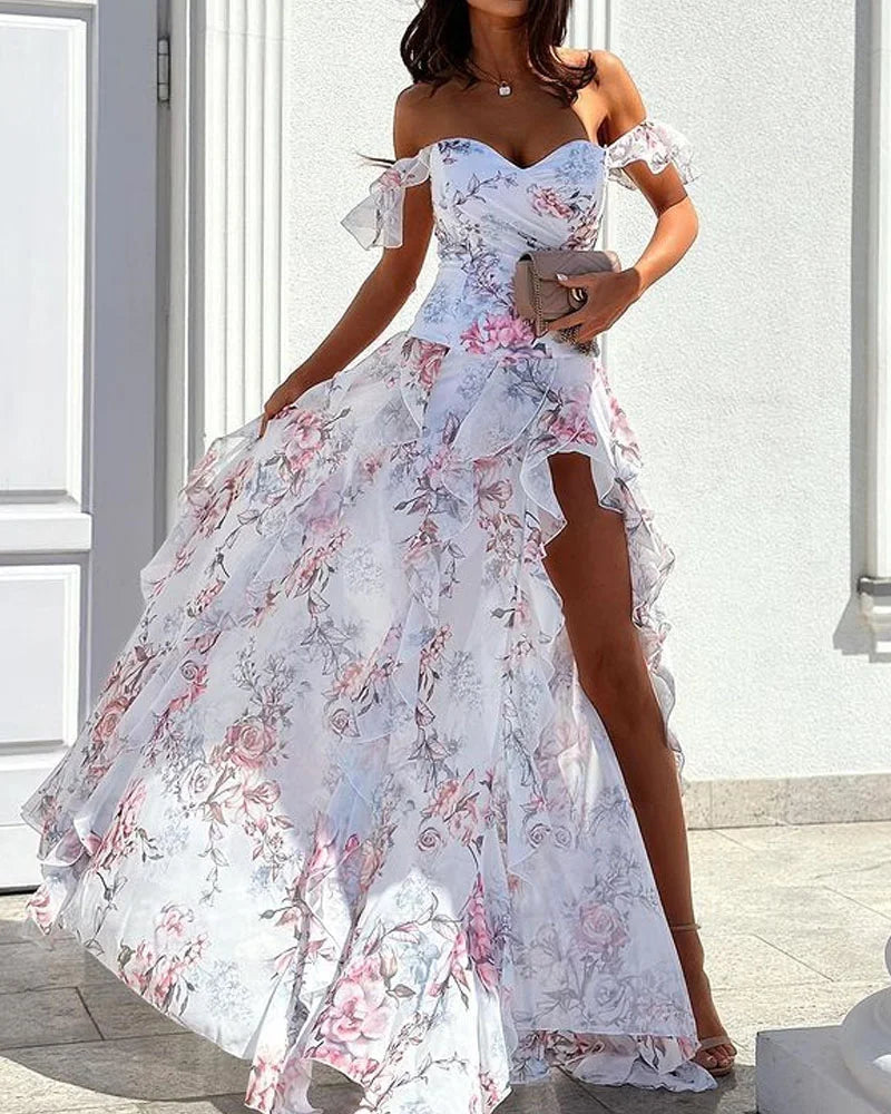 Julia - Off Shoulder Maxi-jurk met zijsplit en ruches