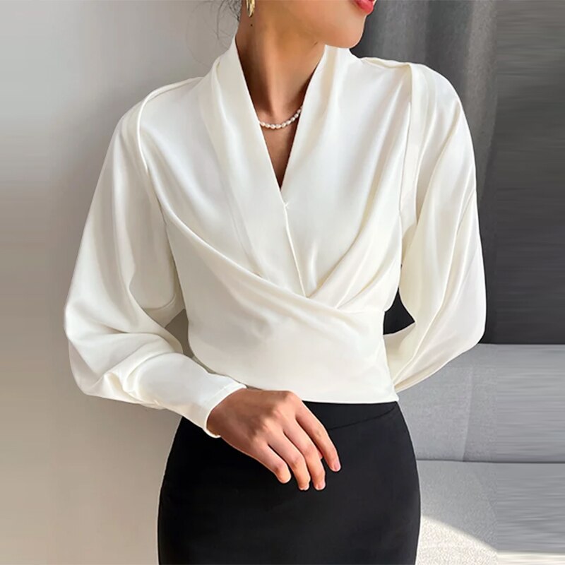 Jenna - Elegante V-Hals Top Met Lange Pofmouwen