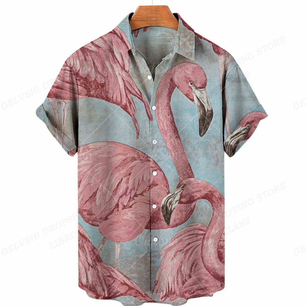 Marco - Overhemd met tropische flamingoprint en korte mouwen