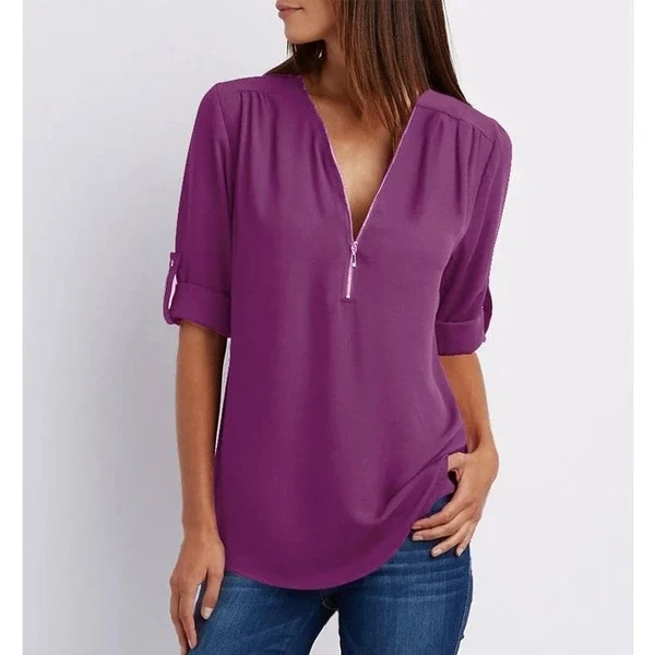 Siena – Losse blouse met ritssluiting aan de voorkant en diepe V-hals