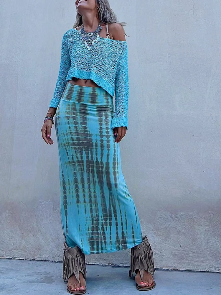 Nora – Enkellange maxi-rok met tie-dye print en brede tailleband