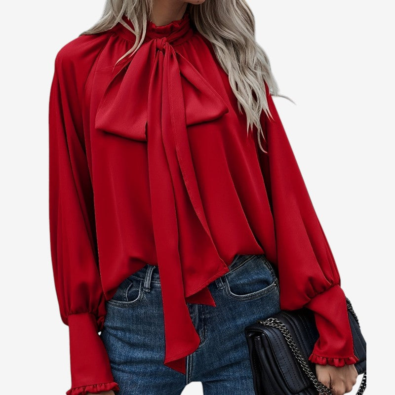 Natalie - Blouse met Strik aan de Hals en Pof Lange Mouwen
