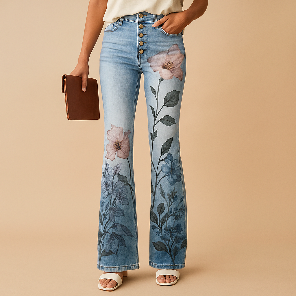 Seraphina – Flared jeans met bloemenprint en functionele zijzakken