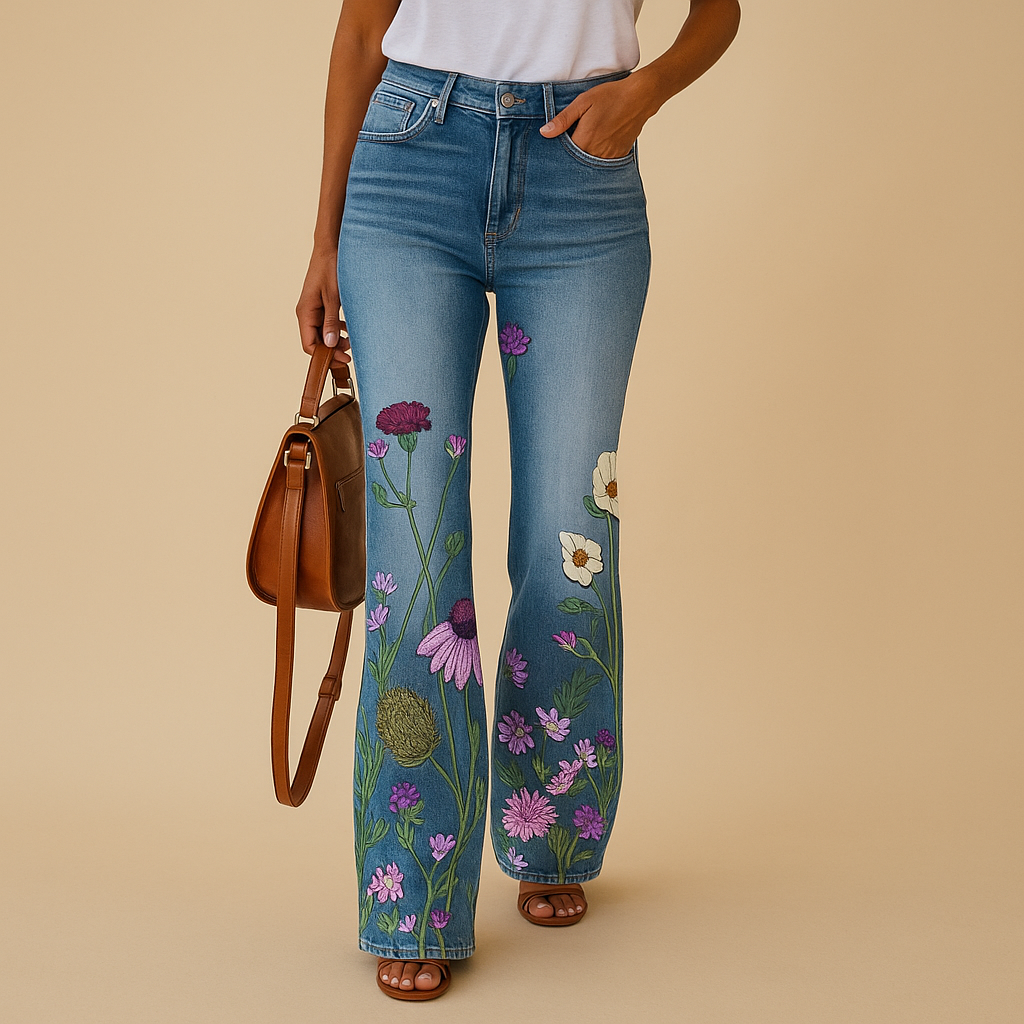 Seraphina – Flared jeans met bloemenprint en functionele zijzakken