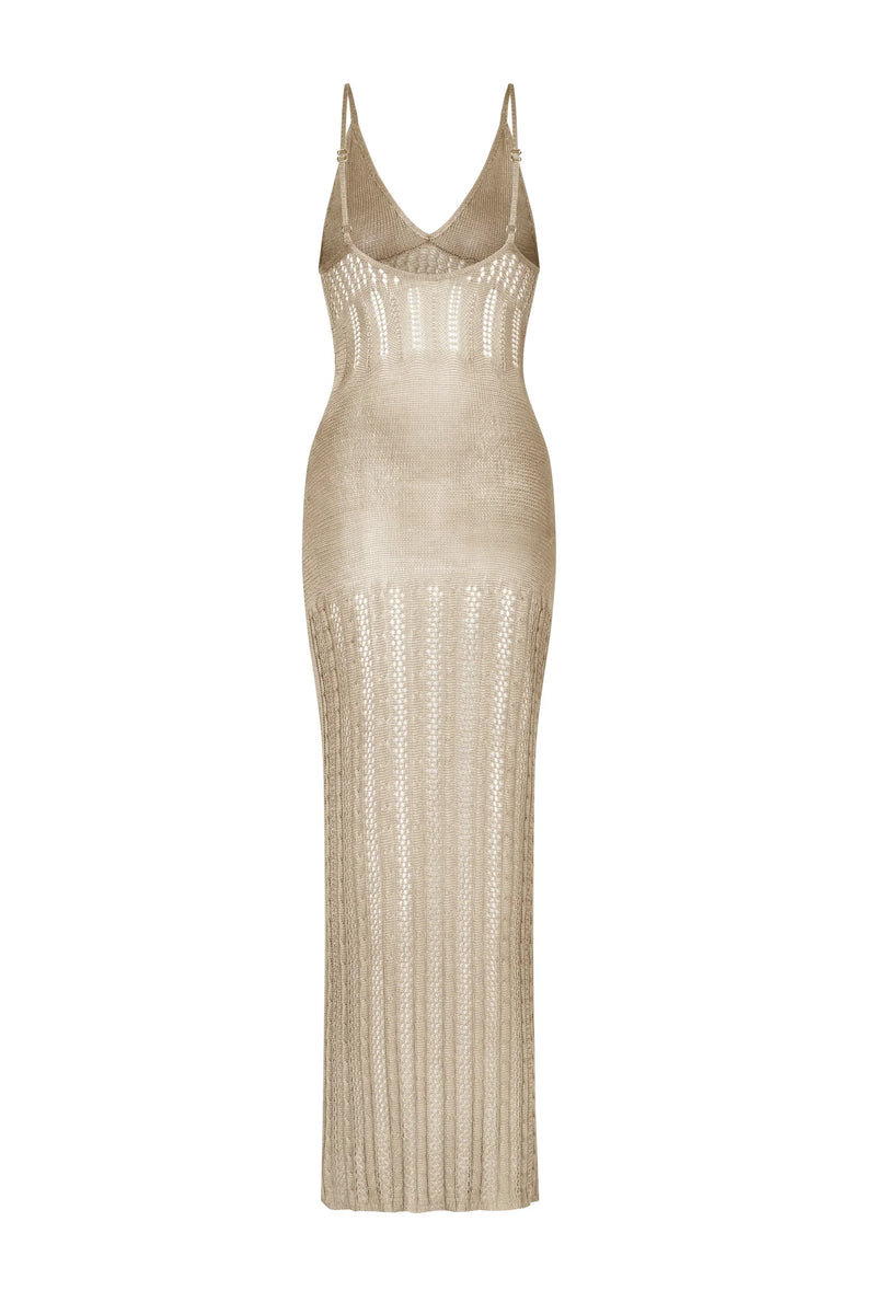 Jeda – Getailleerde mouwloze maxi-jurk met diepe V-halslijn en elegante uitsparingen