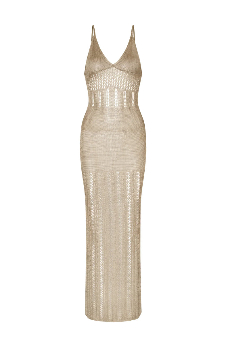 Jeda – Getailleerde mouwloze maxi-jurk met diepe V-halslijn en elegante uitsparingen