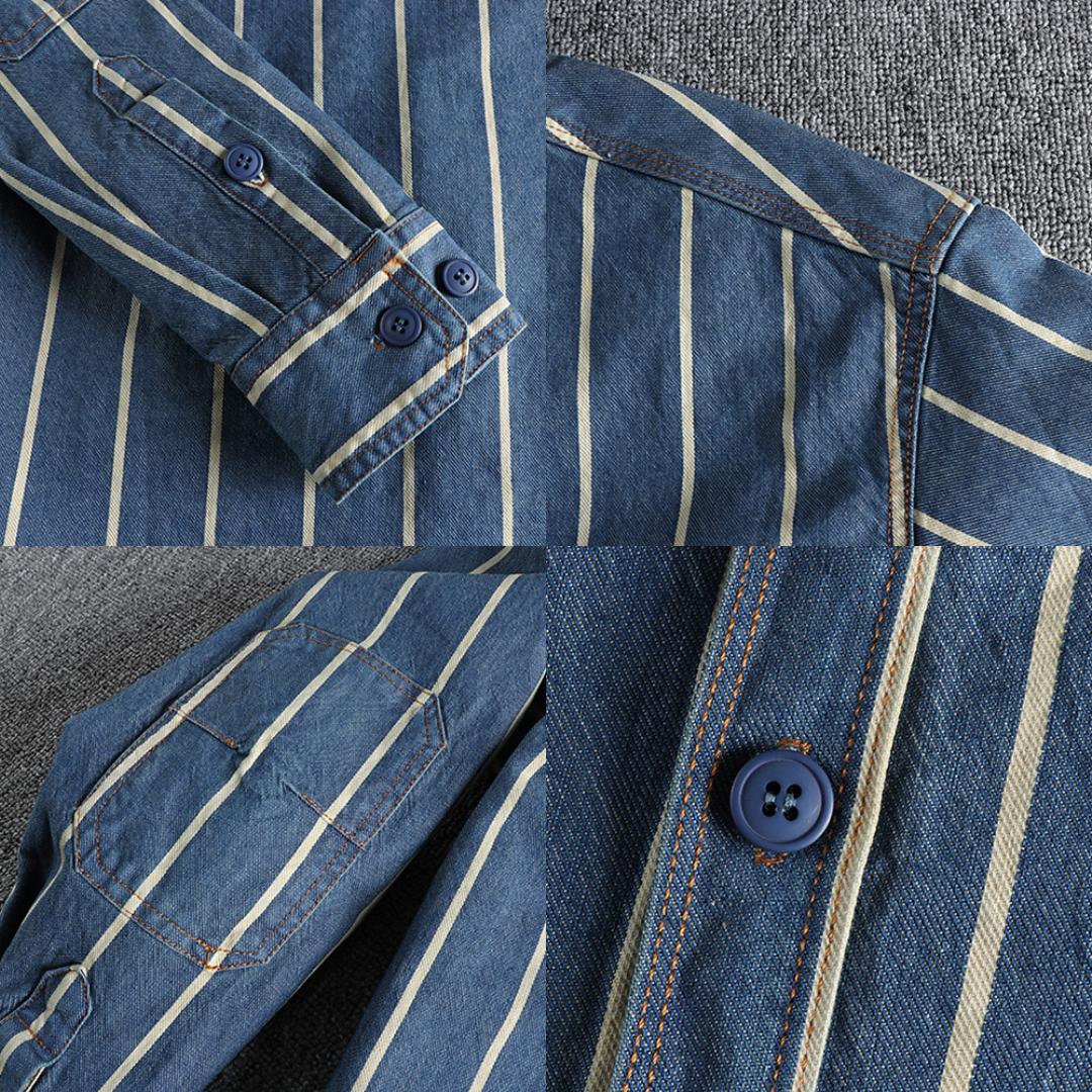 Archer - Gestreept denim overhemd met knoopsluiting en borstzakken
