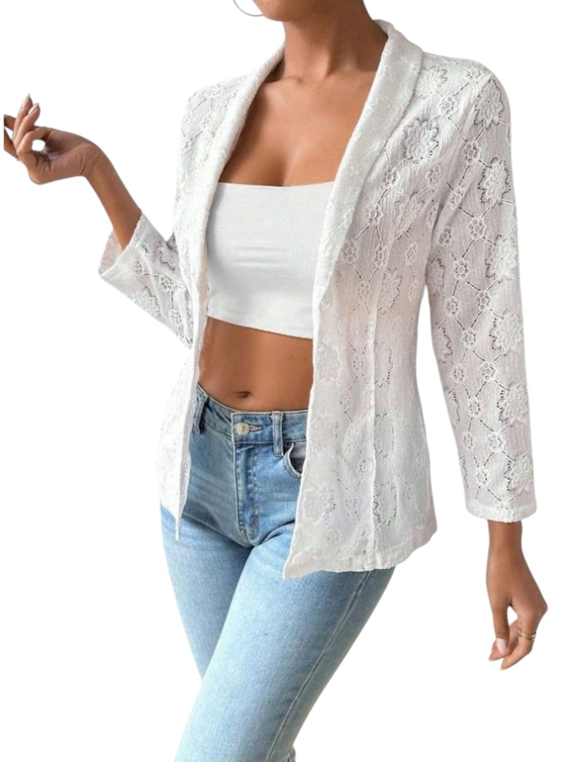 Natalie - Elegante open voorkant kanten blazer met bloemenpatroon en driekwart mouwen