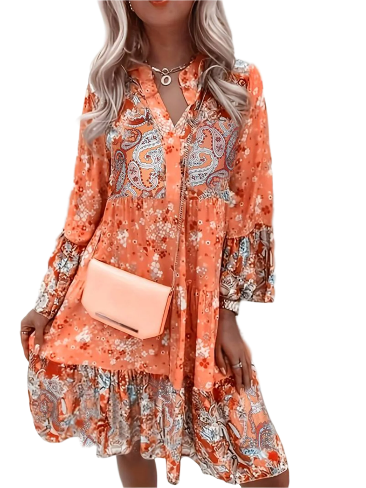 Grace - Elegante geprinte jurk met diepe V-hals en geplooide lange mouwen